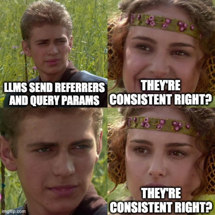 AI LLMs send referrers and query parameters inconsistently