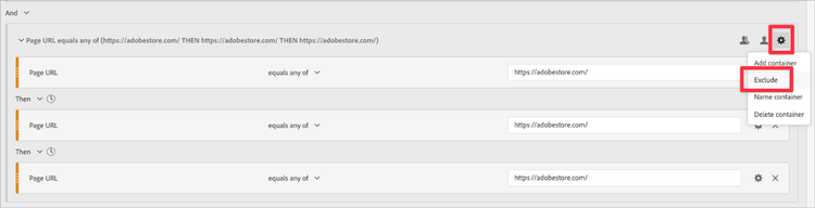 You can find the Exclude button for Segment Containers by clicking that Gear in the top-right.